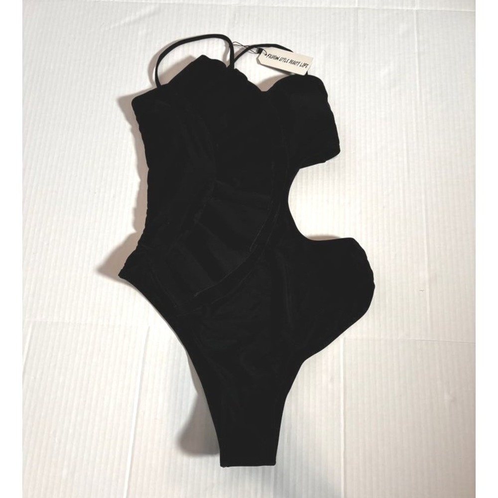 Sporlike Classic Black One-Piece Swimsuit Adjustable Straps cut-out ruffle nwt